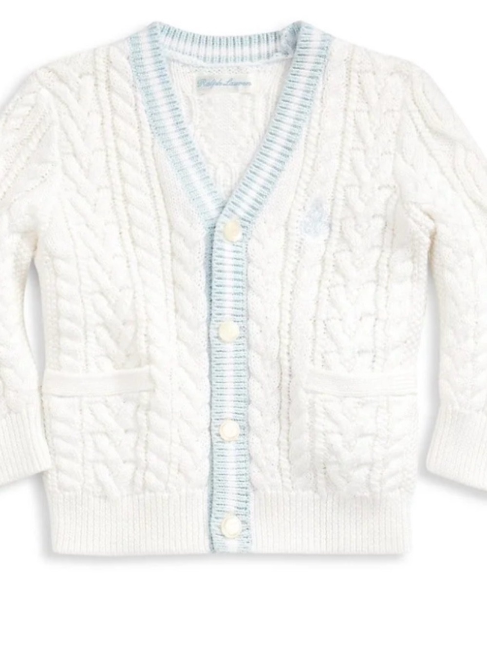 Ralph Lauren Cream Cable-Knit Cardigan with Light Blue Trim size 12 m